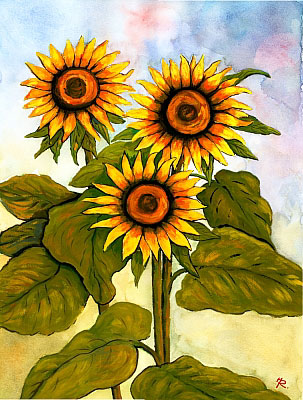 Blumengemlde vom Kunstmaler Hugo Reinhart >>Drei Sonnenblumen,<<