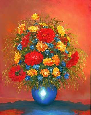 Blumenstillleben  vom Kunstmaler Hugo Reinhart >>Blumenstrauß in blauer Vase<<