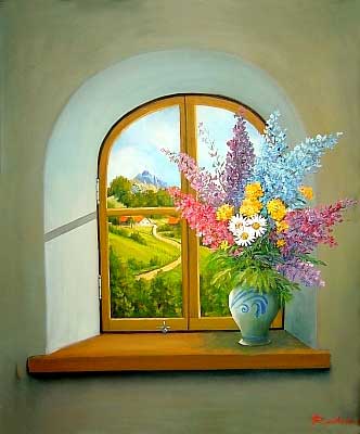 Blumenstillleben  vom Kunstmaler Hugo Reinhart >>Fensterbild Wachtküppelsommer <<