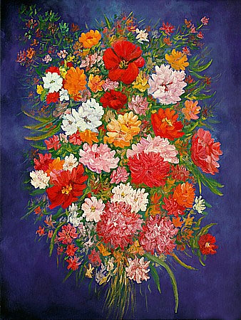 Blumenstillleben  vom Kunstmaler Hugo Reinhart >>Blumen auf Blau<<
